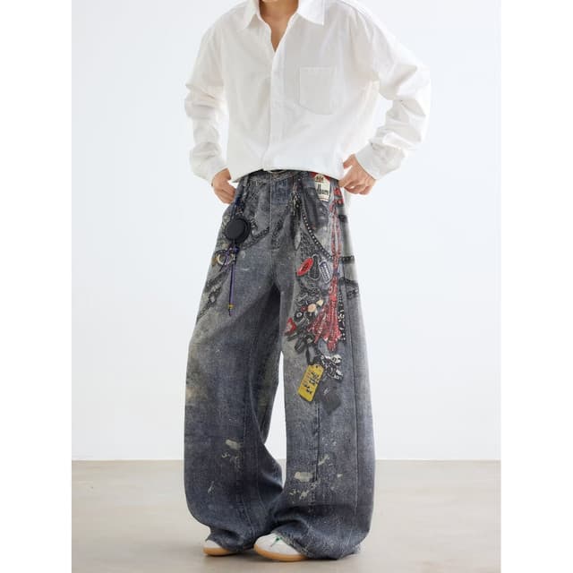 American retro 3D printed chain jeans for men and women